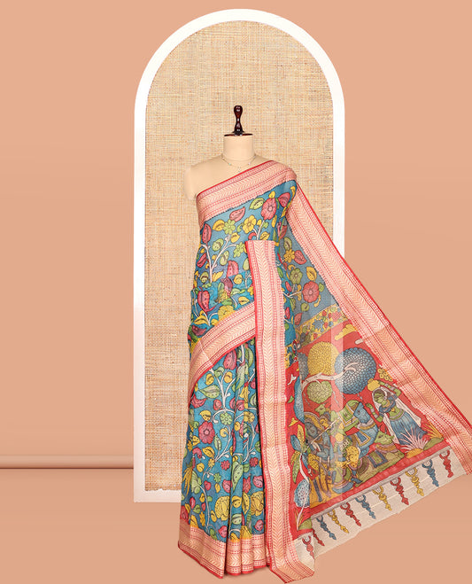Blue Kalamkari Silk Saree, Bedecked with Floral Vine Print, a Contrast Traditional Border, Pallu of Radha Krishna and Gopis, and a Contrast Blouse