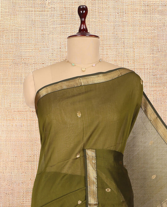 Green Maheshwari Cotton Saree, Bedecked with Zari Buttas, a Traditional Zari Border, Zari Woven Pallu, and a Matching Blouse