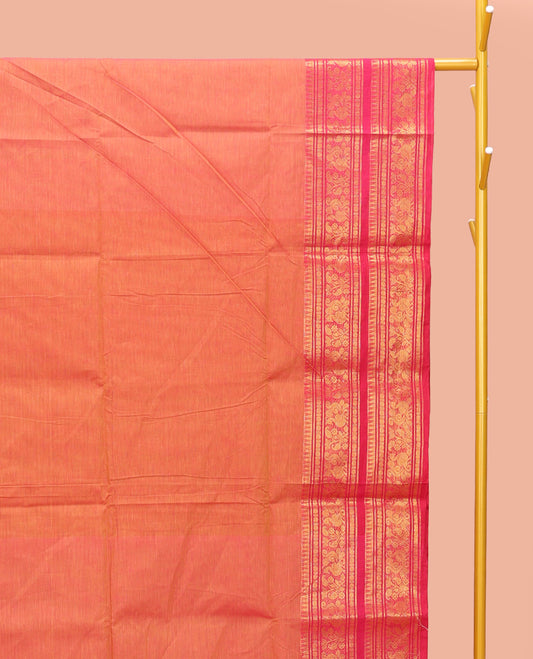 Orange Plain Chettinad Cotton Saree, Complemented by a Contrast Traditional Zari Design Woven Temple Border of Peacocks, Pallu of Stripes, and Paired with a Matching Blouse