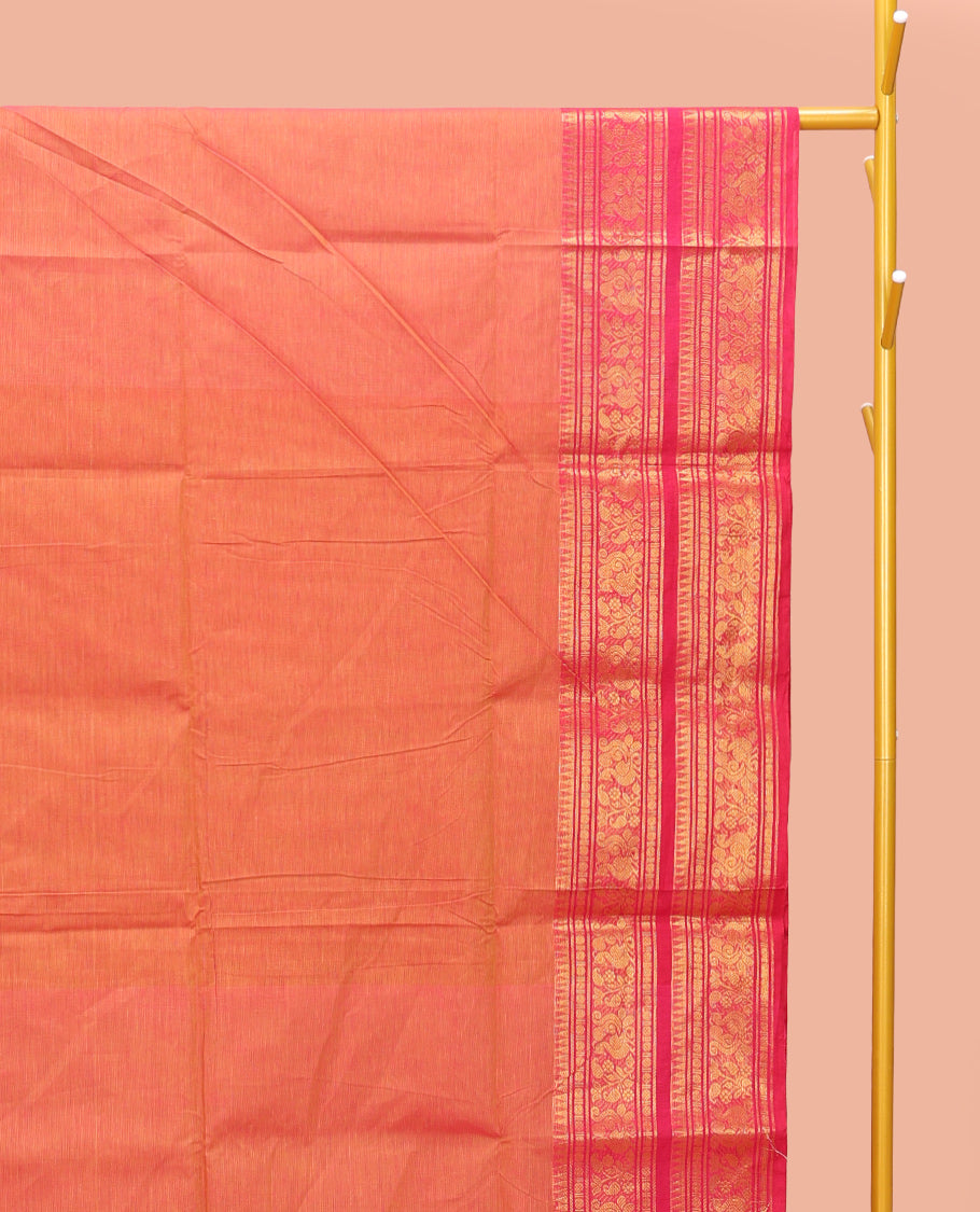 Orange Plain Chettinad Cotton Saree, Complemented by a Contrast Traditional Zari Design Woven Temple Border of Peacocks, Pallu of Stripes, and Paired with a Matching Blouse