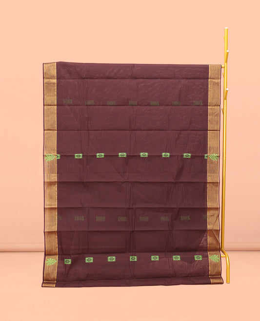 Brown Kanchi Cotton Saree, Detailed with Buttas All Over Its Body, Complemented by Contrast Border, Pallu of Geometric Designs, and Paired with a Matching Blouse