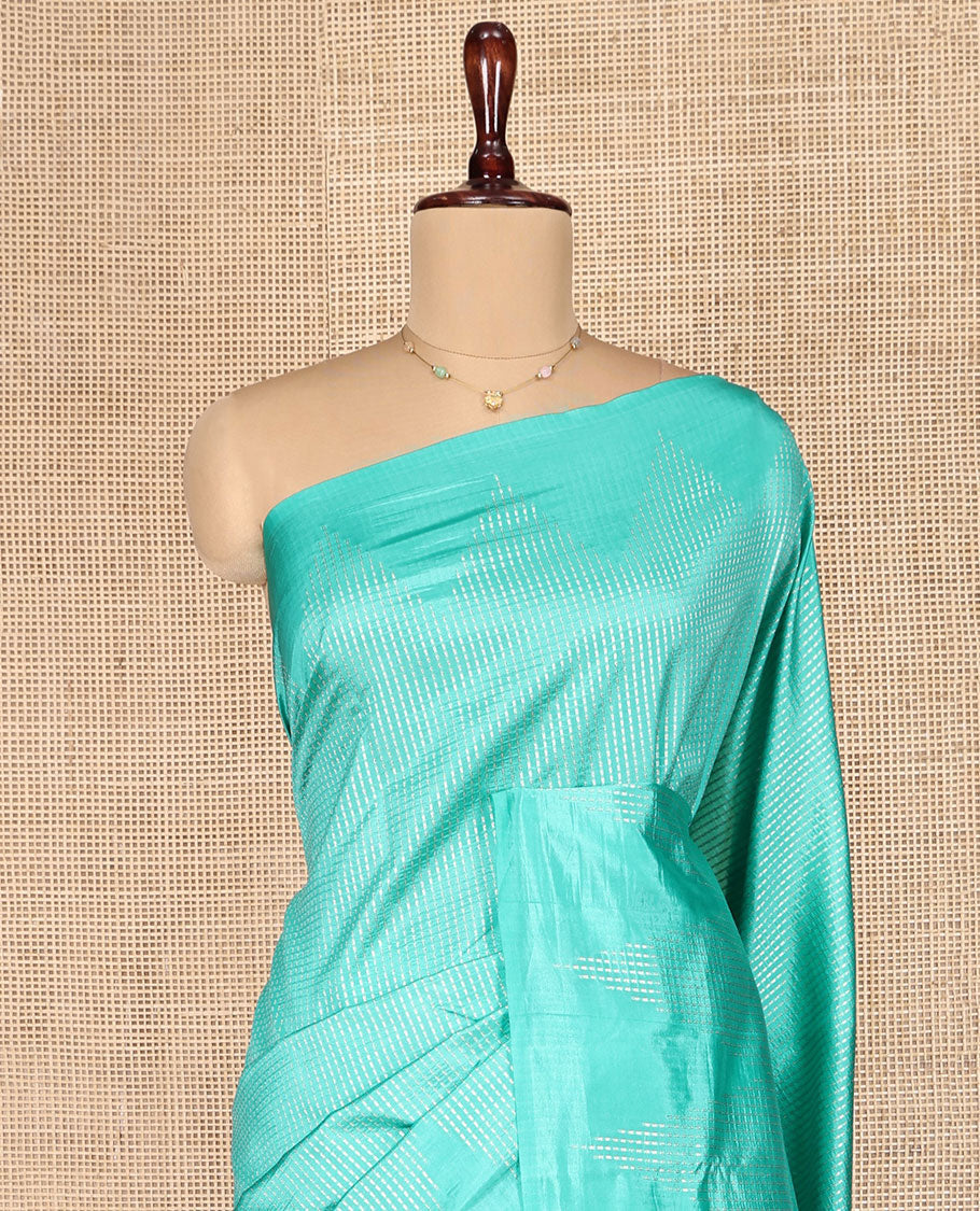 Turquoise Dupion Silk Saree, Mesmerized with Micro-Checks, Highlighted by Temple Border, Complemented by a Contrast Geometric-Patterned Pallu, and a Contrast Blouse