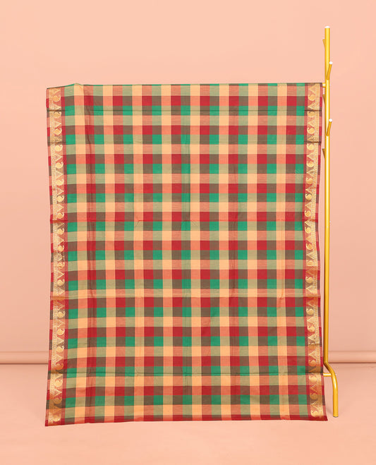 Multi-Color Chettinad Cotton Saree, Decked Up with Checks, Highlighted by Traditional Paisley-Temple Border, Striped Pallu, and No Blouse