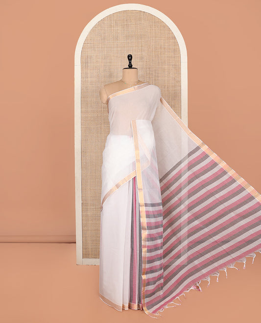 White Plain Andhra Cotton Saree, Mesmerized with Temple Zari Border, Contrast Striped Pallu, and a Contrast Blouse