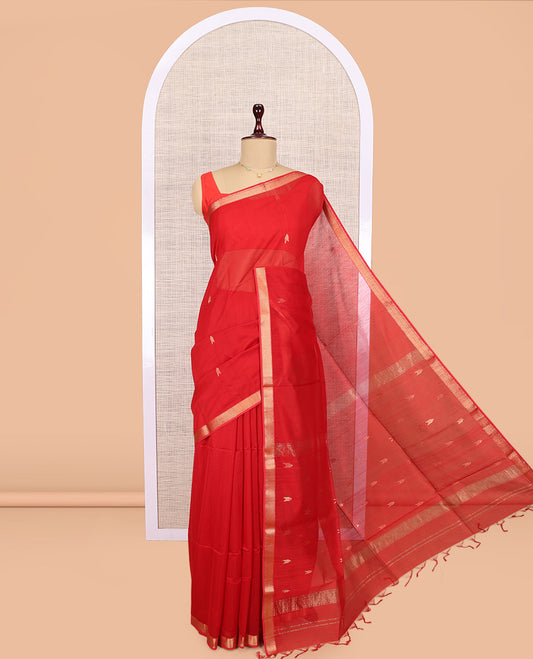 Red Maheshwari Cotton Saree, Accentuated with Buttas, Highlighted by a Chevron Zari Border, Pallu of Zari Buttas,  and a Matching Blouse