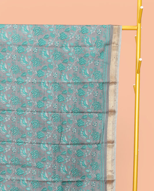 Grey Mul Mul Cotton Saree Featuring a Floral Print, a Subtle Traditional Border, a Floral-Printed Pallu, and a Matching Blouse