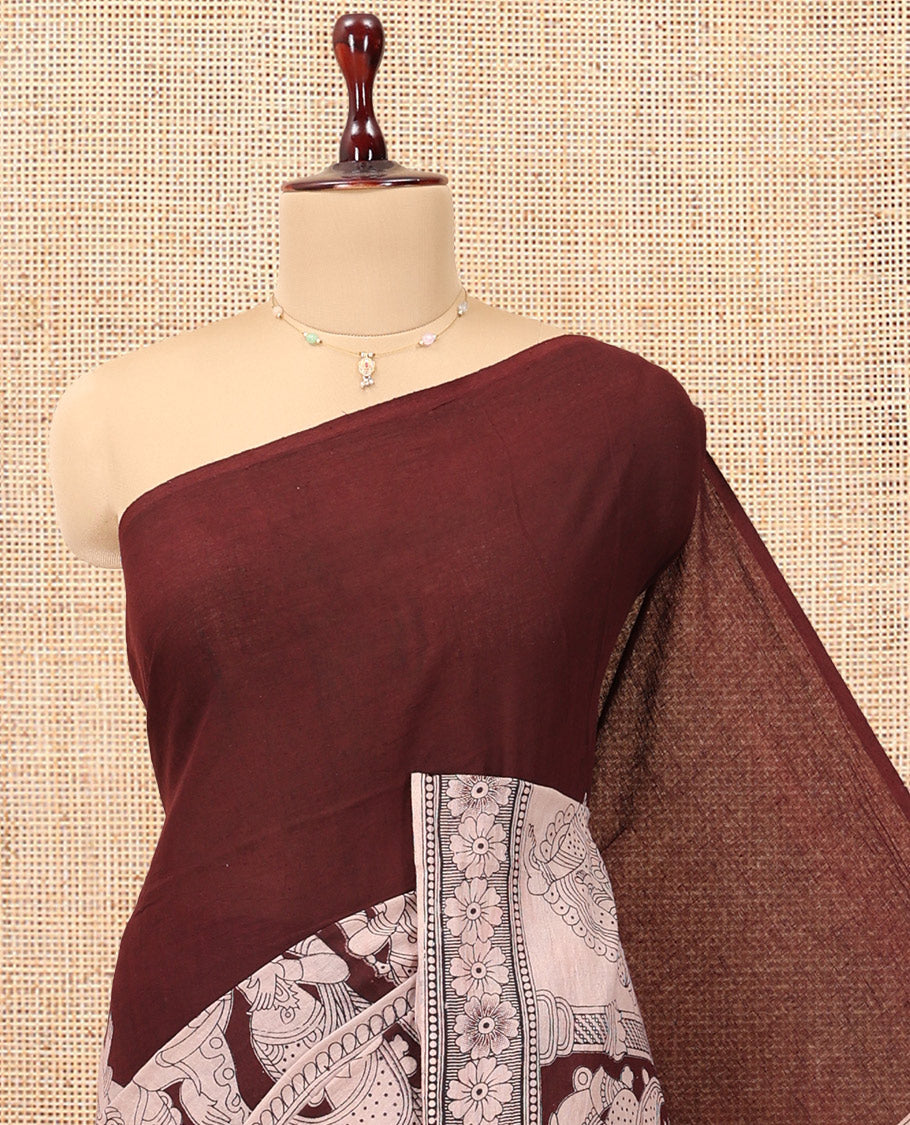 Brown Kalamkari Cotton Saree, Accentuated with Ancient Human Motif Print,  Complemented By Printed Border, Kalamkari Peacock Motifs Pallu, and a Contrast Blouse