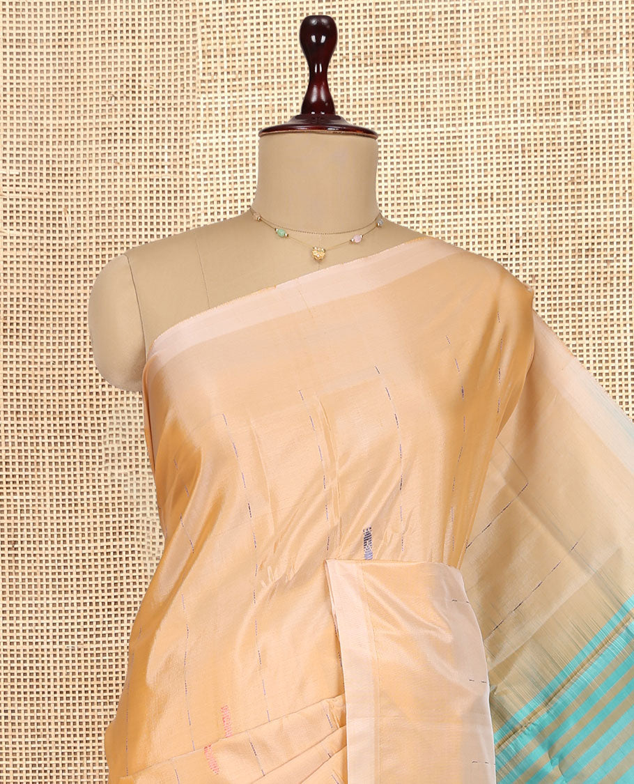 Borderless Sandal Banana Pith Saree, Woven with Stripes and Buttas, Complemented by a Contrast Pallu of Stripes and Buttas, and a Contrast Blouse