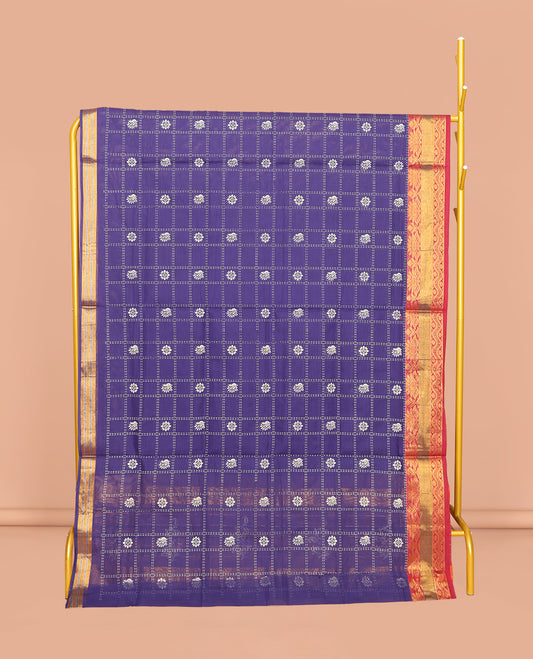 Violet Venkatagiri Cotton Saree, Ornamented with Butta Enclosed Checks, a Traditional Zari Border, a Floral-Print Pallu, and No Blouse
