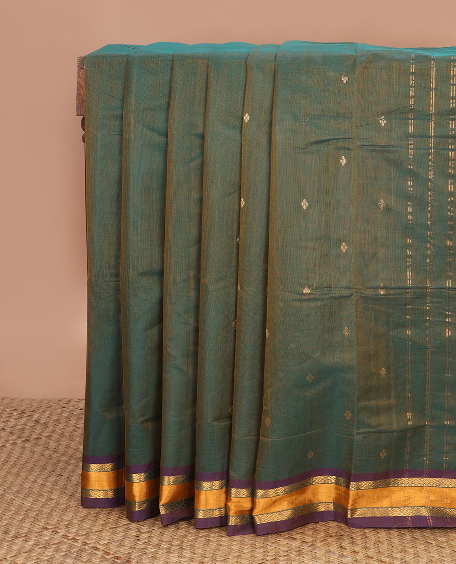 Green double-shade zari buttas Venkatagiri cotton saree, contrast diamond-patterned border & zari striped pallu