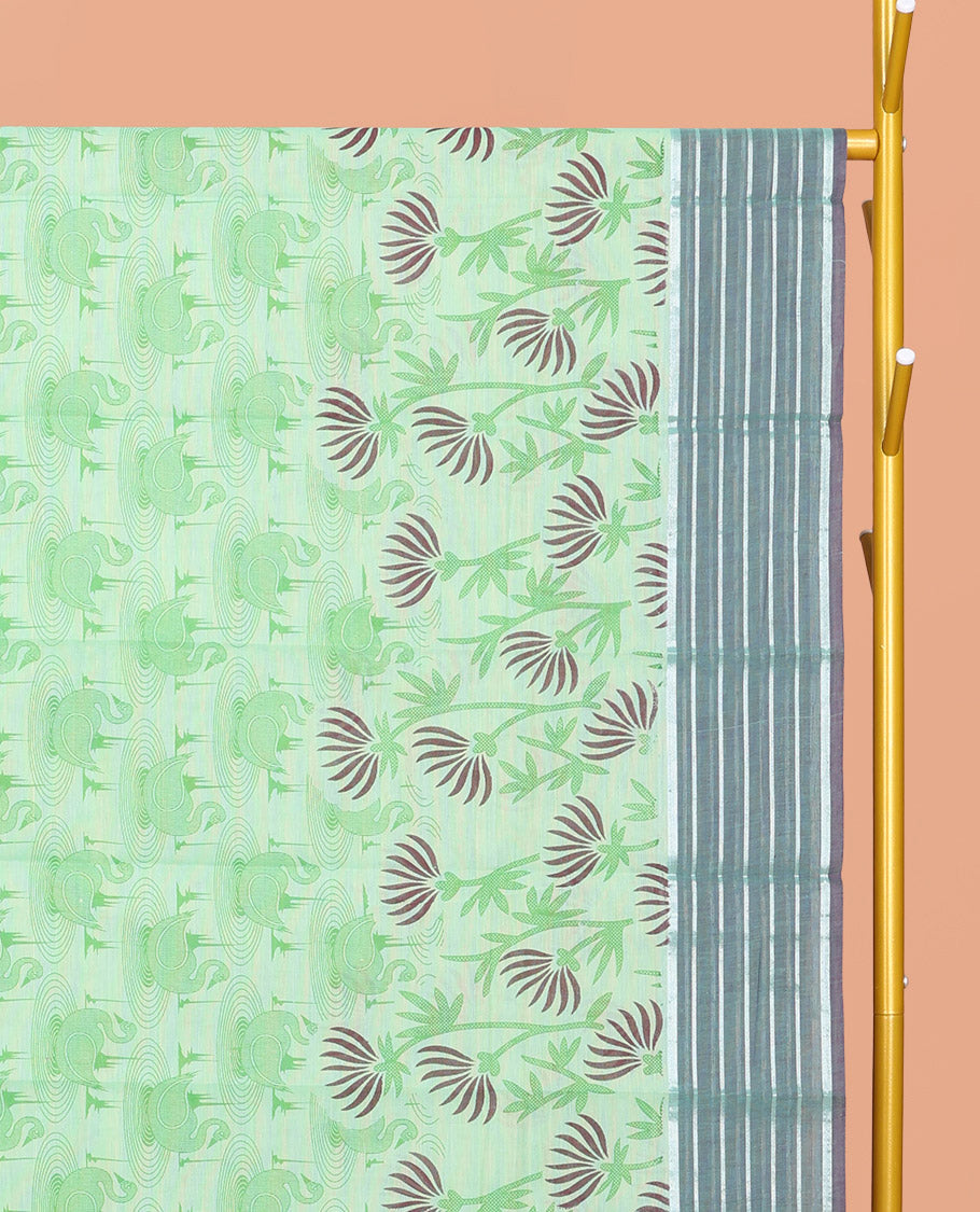 Mint Green Chirala Cotton Saree, Decked Up with Swan and Floral Print, Contrast Striped Border, Floral Printed Pallu, and a Matching Blouse