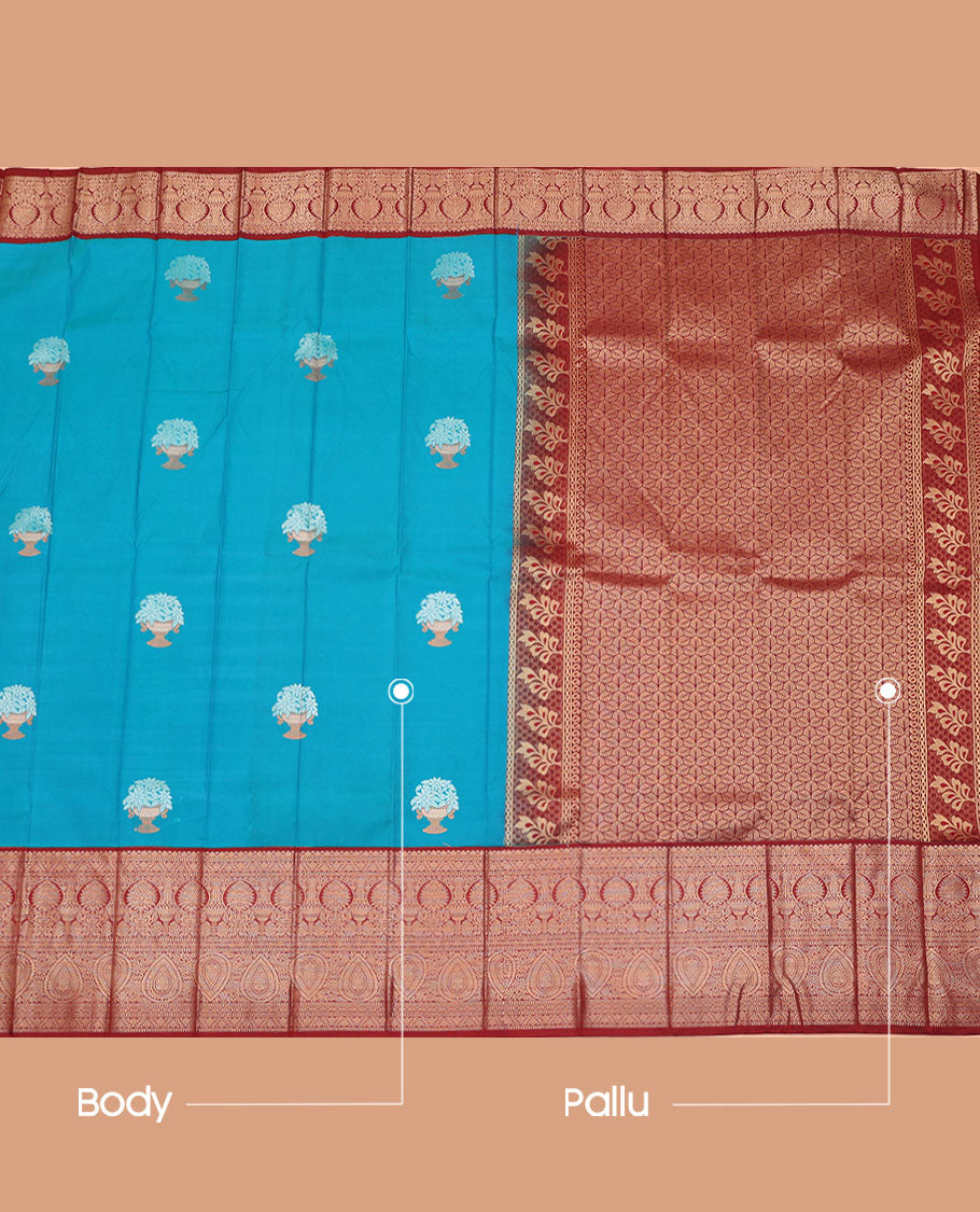 Blue Budget Silk Saree, Adorned with Zari Buttas All Over Its Body, Complemented by a Contrast Traditional Design Border, Grand Pallu, and Paired with a Contrast Blouse