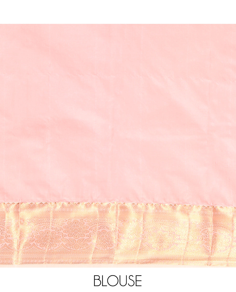 Violet Budget Silk Saree, Styled with Floral Zari Buttas, Complemented by a Contrast Traditional Zari Border, Grand Pallu, and Contrast Blouse