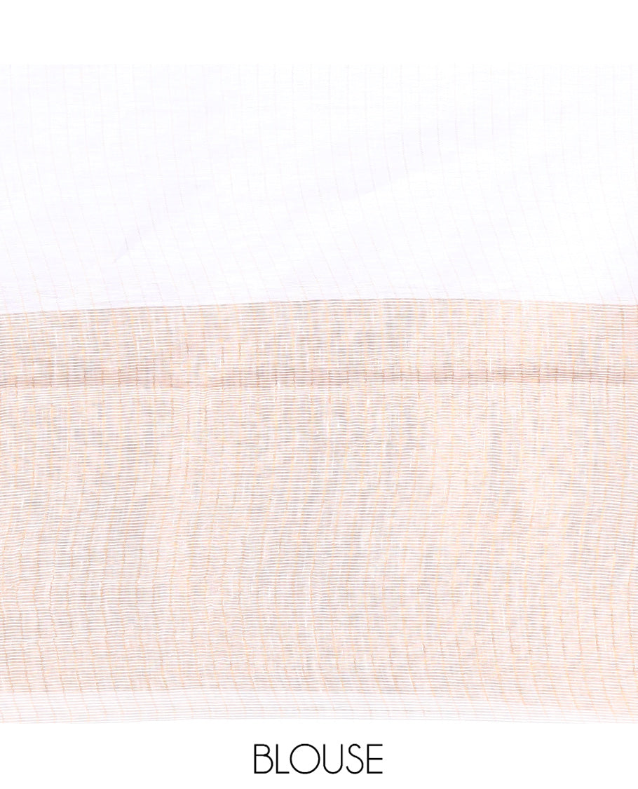 Borderless Off-White Linen Saree Flanked by Horizontal Zari Stripes, a Self-Pallu, and a Matching Blouse