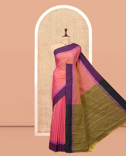 Pink Plain Arani Saree, a Contrast Border, Contrast Zari Striped Pallu, and a Contrast Blouse
