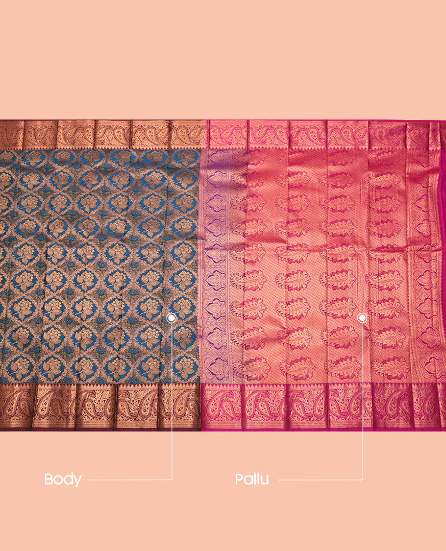 Blue Budget Silk Saree, Detailed with Jacquard, Complemented by Contrast Paisley Zari Border, Grand Jaal Pallu, and a Contrast Blouse