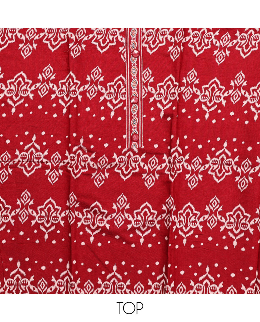 Red Material Chudidar Set, Mesmerized with Ikkat-Style Motifs Print on Rayon Top, a Plain Cotton Bottom, and Paired with a Plain Chiffon Dupatta