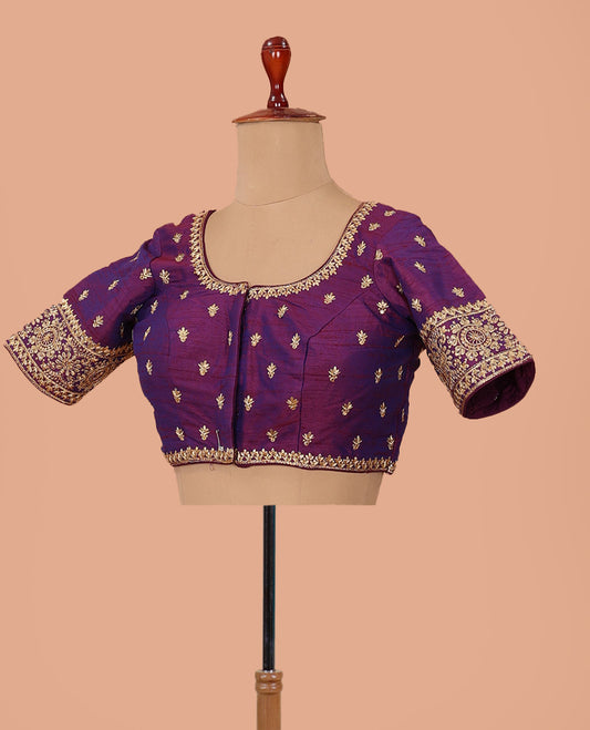 Purple thread embroidered front-back round neck elbow sleeve blouse