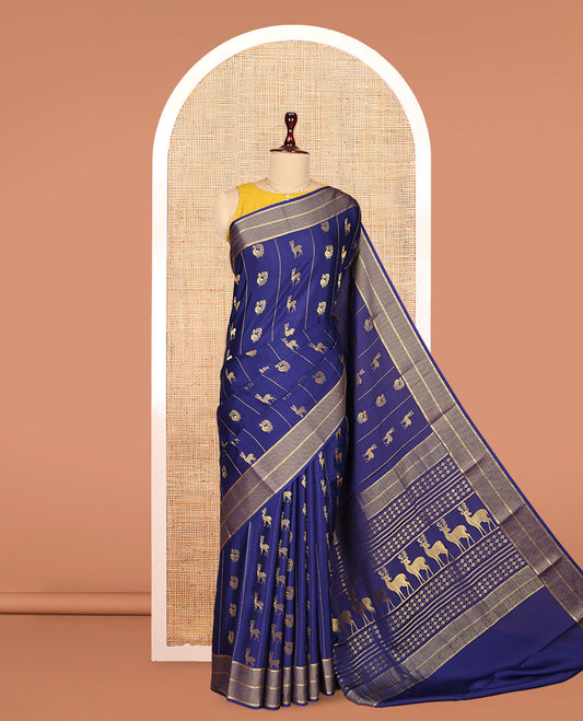 Navy Blue Mysore Silk Saree, Meticulously Crafted with Peacock-Deer Buttas and Stripes, Highlighted by a Traditional Zari Border, Grand Pallu, and a Matching Blouse