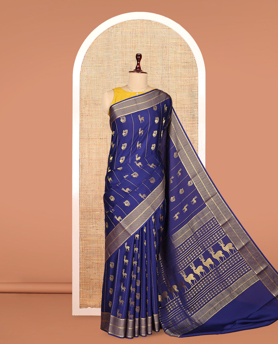 Navy Blue Mysore Silk Saree, Meticulously Crafted with Peacock-Deer Buttas and Stripes, Highlighted by a Traditional Zari Border, Grand Pallu, and a Matching Blouse