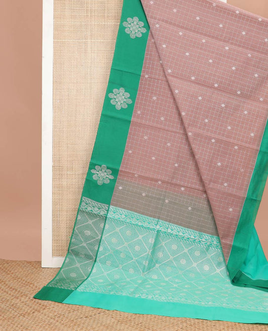 Brown checked, floral design semi silk cotton saree with contrast floral design border & argyle design pallu