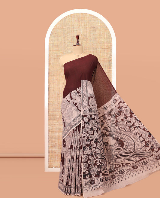 Brown Kalamkari Cotton Saree, Accentuated with Ancient Human Motif Print,  Complemented By Printed Border, Kalamkari Peacock Motifs Pallu, and a Contrast Blouse