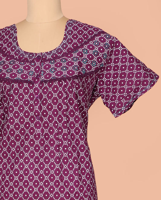 Purple Cotton Nighty Decked Up with Ogee Patterns Print, Featuring Lace Work, Round Front Neck, and Half Sleeves