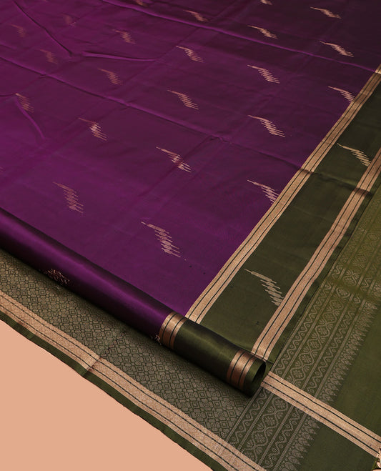 Purple Mayuri Soft Silk Saree, Gleamed Up with Buttas, Contrast Zari Border, Pallu of Intricate Design, and a Contrast Blouse
