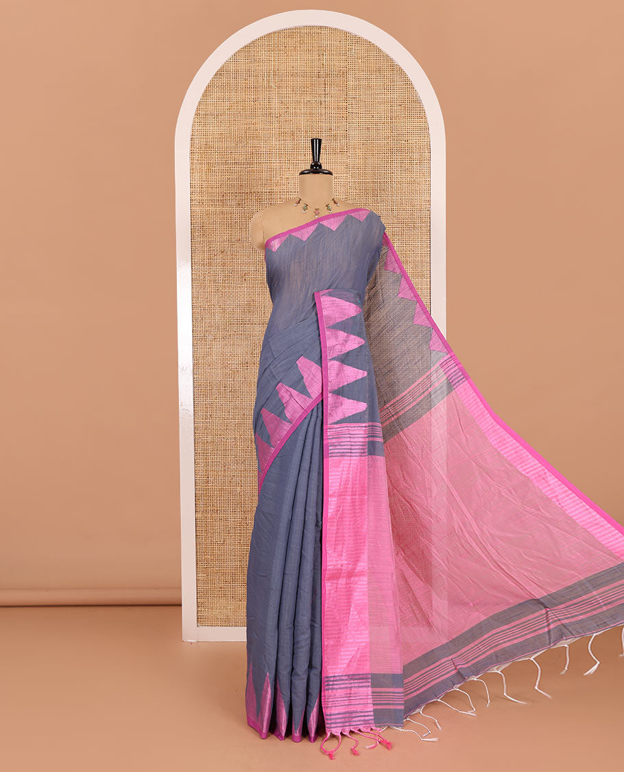 Grey plain khadi mul cotton saree, contrast thread temple border, plain pallu, and a contrast plain blouse