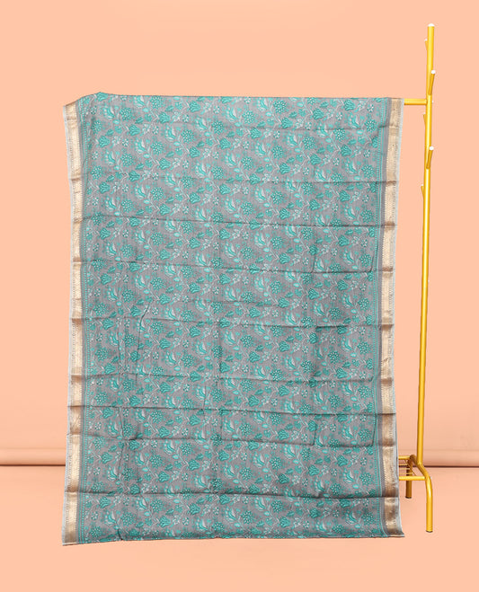 Grey Mul Mul Cotton Saree Featuring a Floral Print, a Subtle Traditional Border, a Floral-Printed Pallu, and a Matching Blouse