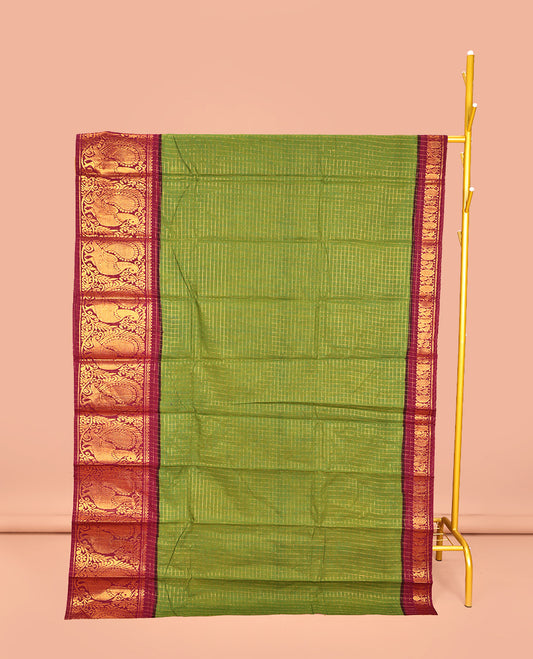 Green Sungudi Cotton Saree, Detailed with Zari Checks on Its Body, Complemented by a Contrast Traditional Zari Border of Big Peacocks, Zari-Striped Pallu, and Paired with a Contrast Blouse
