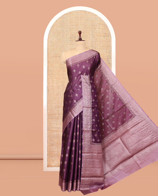 Dark Purple Tussar Silk Saree, Elevated with Zari Buttas, a Contrast Zari Border, Grand Pallu, and a Contrast Blouse