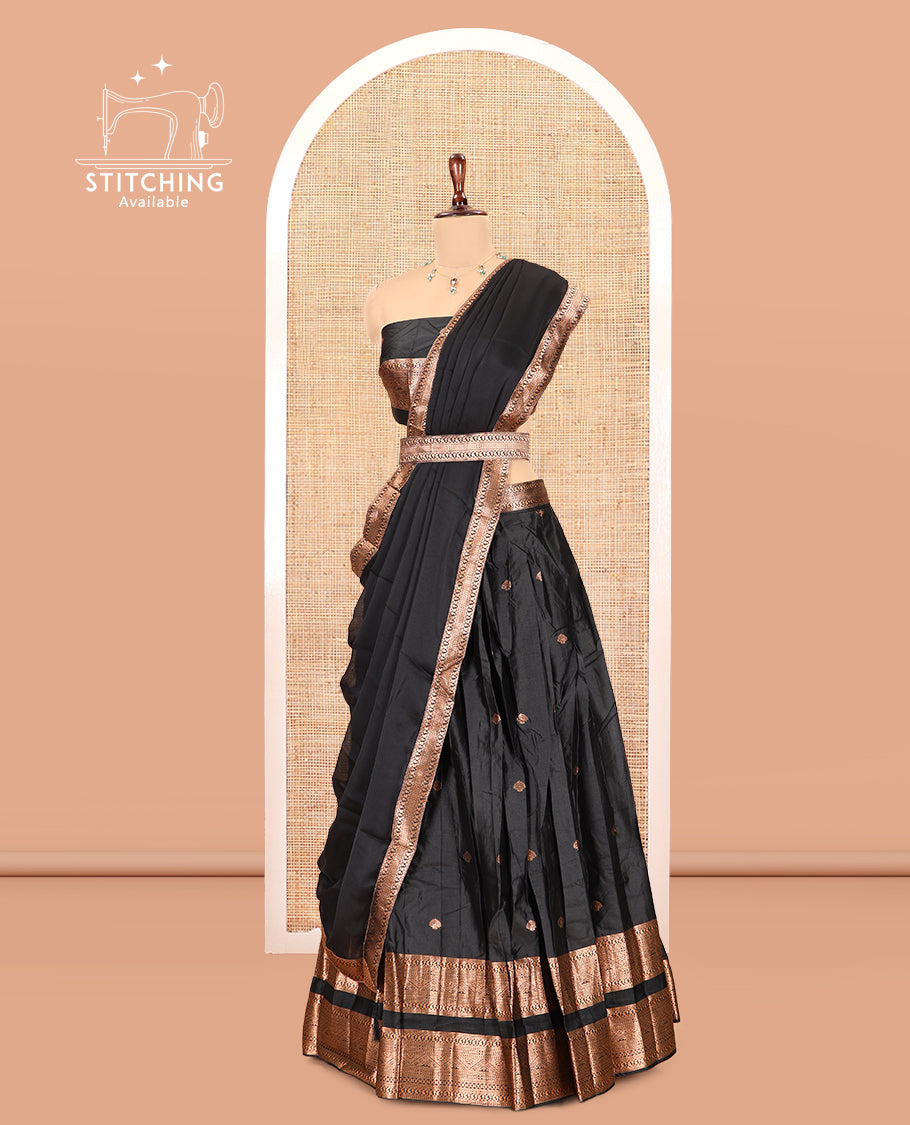 Black Semi-Silk Half-Saree, Entralled with Zari Buttas Woven Skirt, a Rettai Pettu Traditional Border, a Matching Blouse, and Dhavani