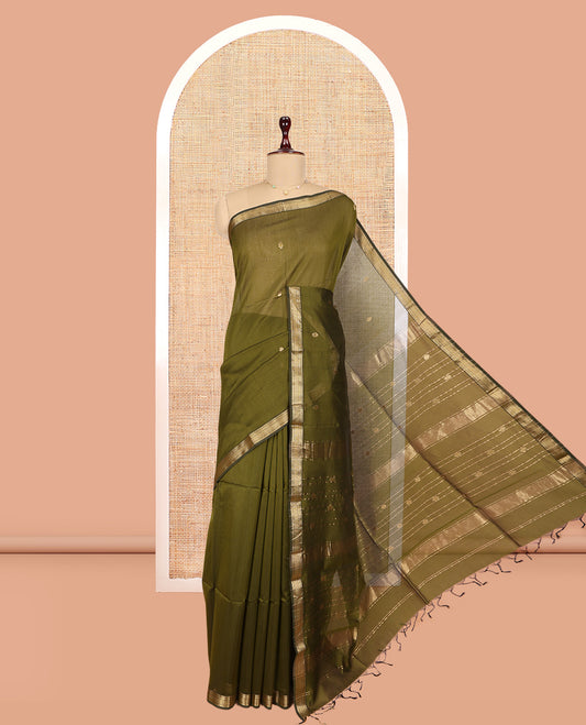 Green Maheshwari Cotton Saree, Bedecked with Zari Buttas, a Traditional Zari Border, Zari Woven Pallu, and a Matching Blouse