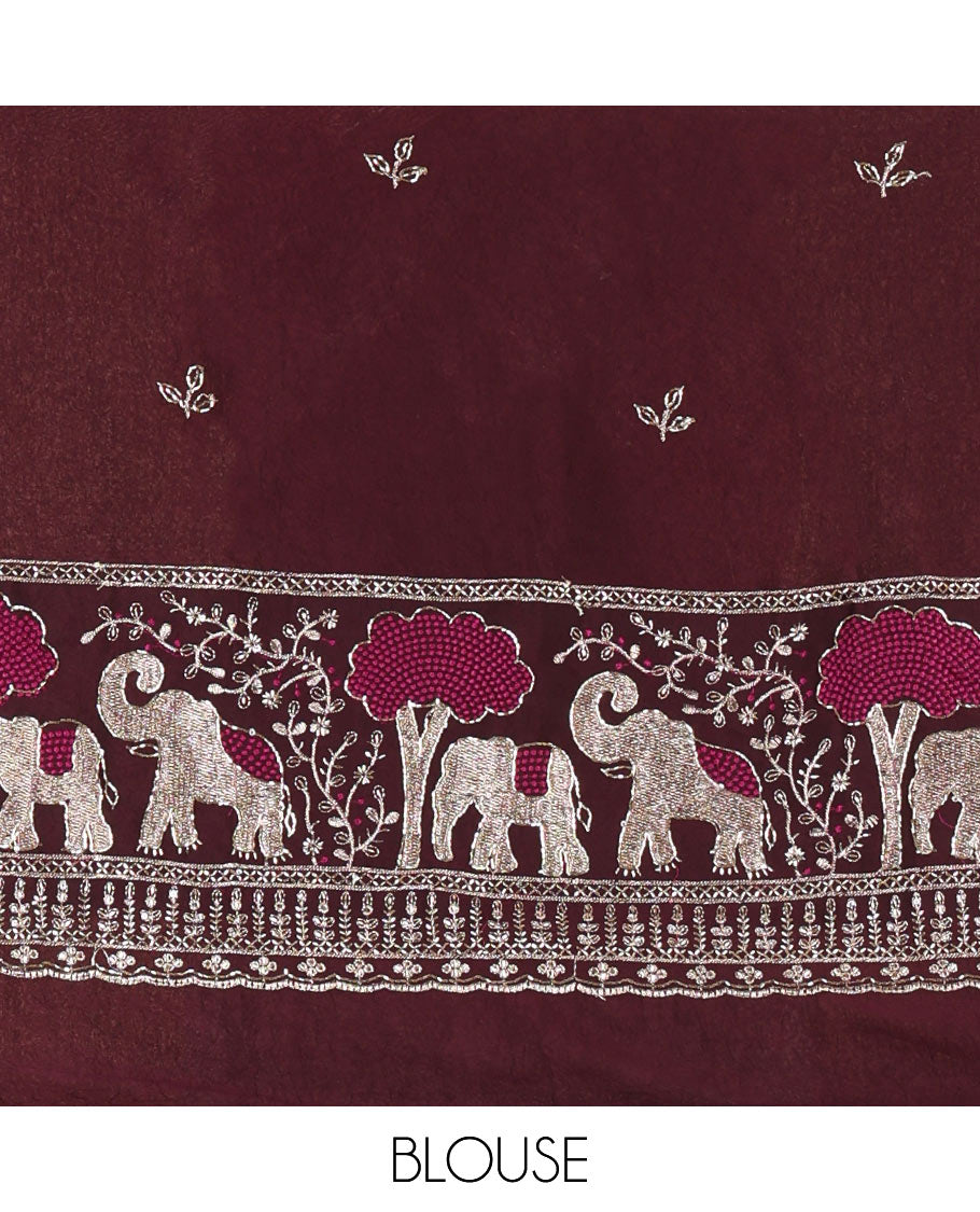 Pink Chinon Chiffon Saree, Beautifully Bedecked with Gold Zari Checked Design on Its Body, Self-Pallu, and Paired with a Contrast Elephant-Tree-Themed French Knot Embroidered Blouse