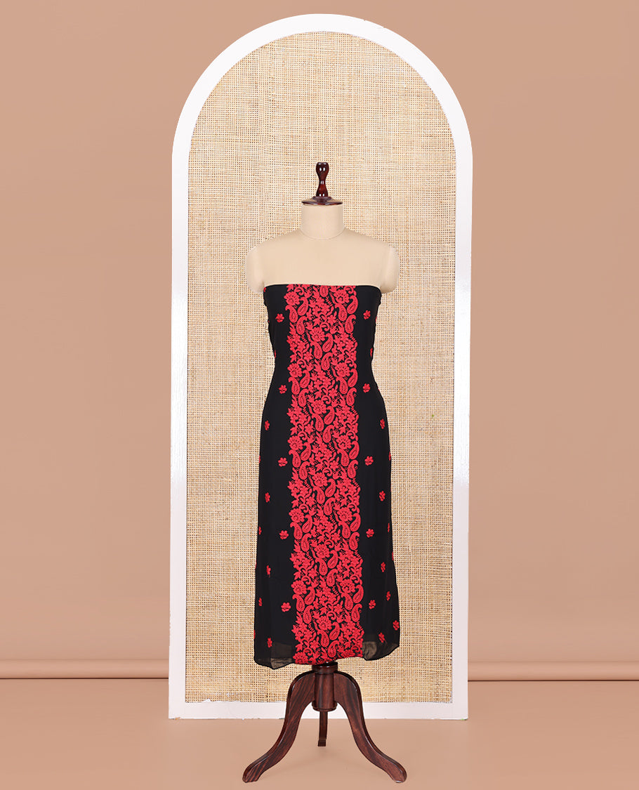 Red-Black Georgette Material Churidar Features Floral-Paisley Embroidery Top, a American Crepe Bottom, a Scallop Embroidered Dupatta