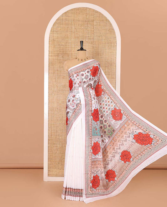 White geometric and floral printed with mirror work masakali saree, self-border, printed and mirror work pallu, and a matching blouse