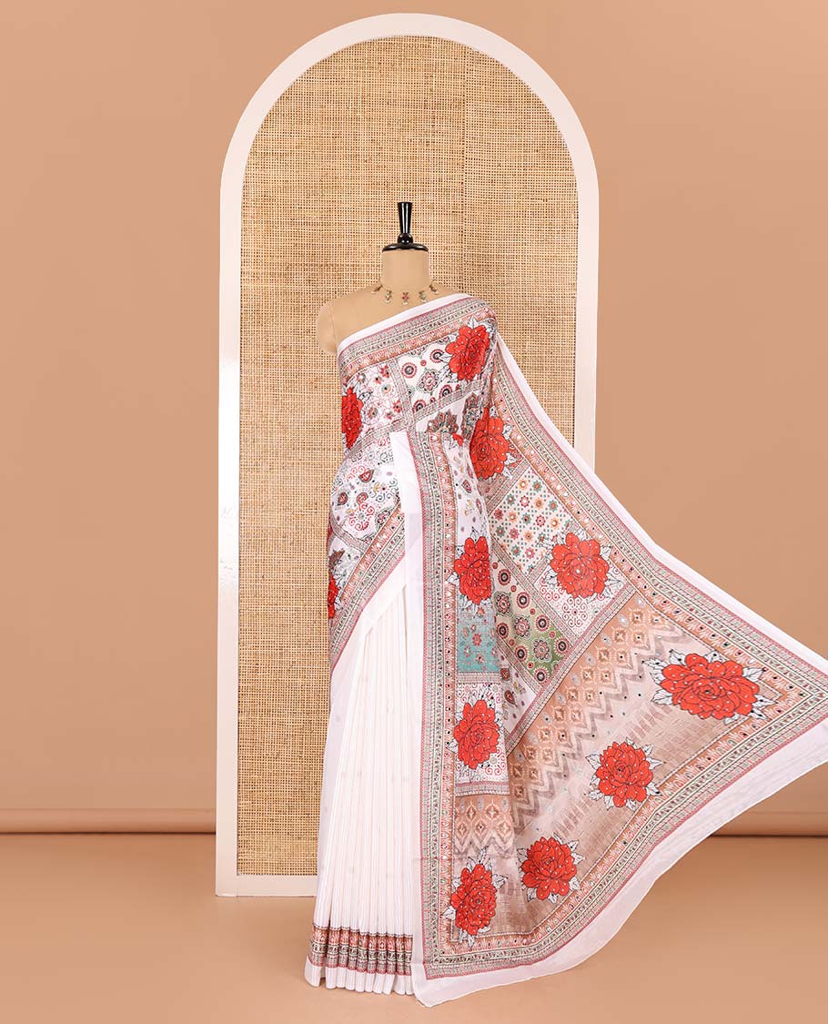 White geometric and floral printed with mirror work masakali saree, self-border, printed and mirror work pallu, and a matching blouse