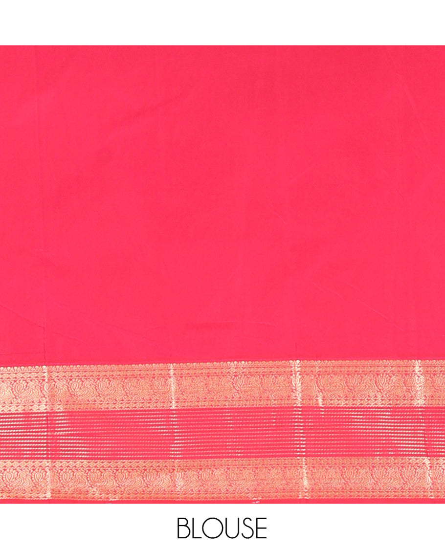 Green and Dark Pink Budget Silk Saree, Zari Buttas All Over Its Body, With Contrast Traditional Zari Border of Peacock Designs, Grand Jaal Pallu, and Contrast Blouse