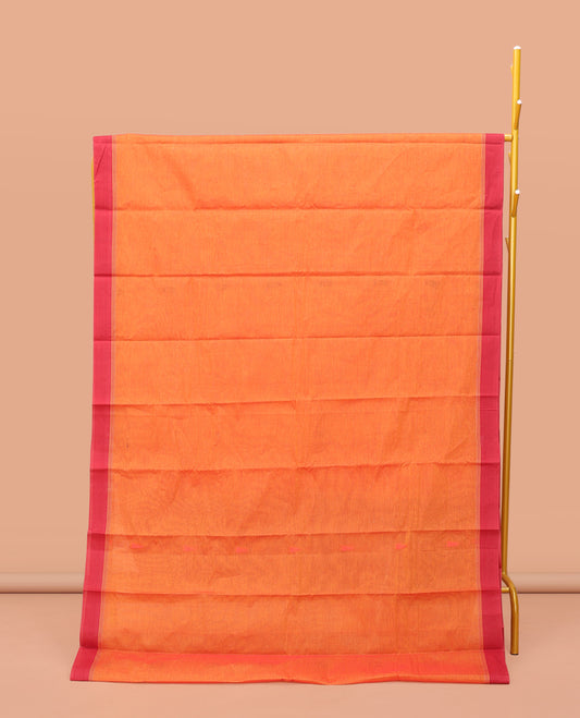 Orange Kanchi Cotton Saree, Featuring Temple Buttas on Its Body, Contrast Border, Pallu of Floral Design, and a Matching Blouse