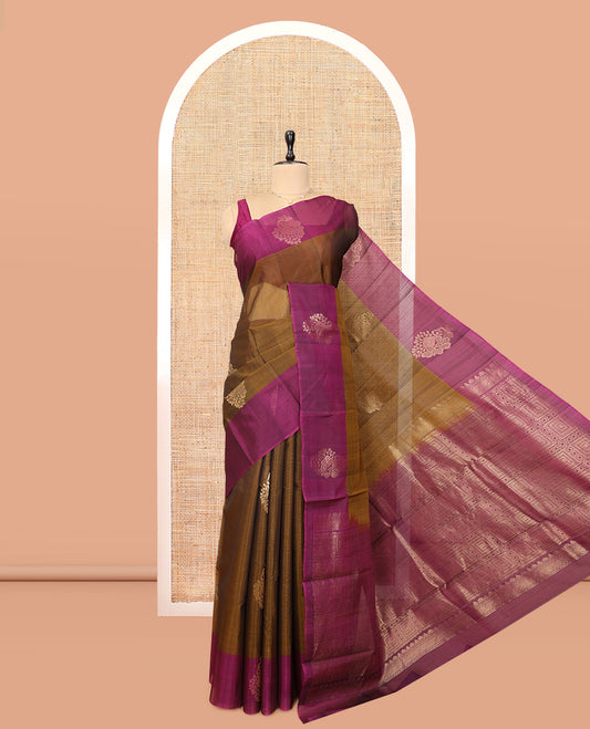 Brown Cotton Saree, Adorned with Floral Zari Buttas, a Contrast Zari Motif Border, Intricatly Checked Pallu and a Contrast Blouse