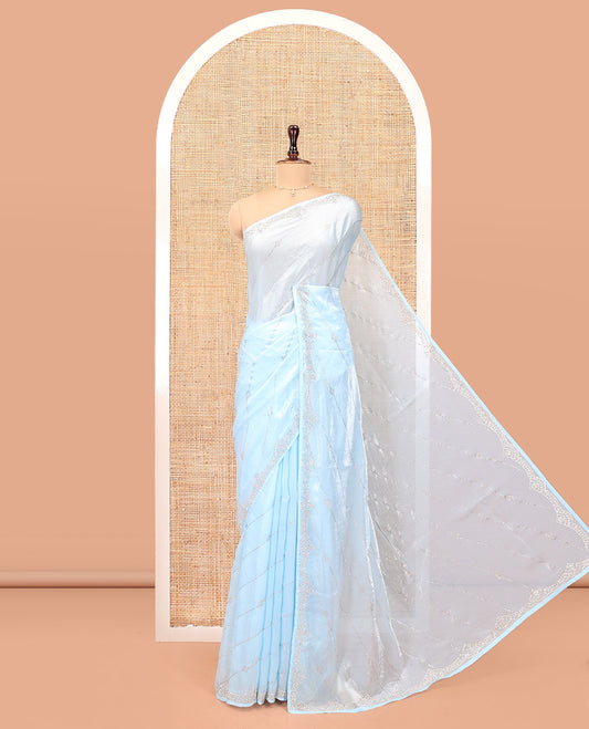 Blue Designer Saree, Finely Crafted with Stone Lines Running Diagonally Throughout Its Body, Scallop Embroidered Border, Pallu of Stone Embroidery and Paired with a Matching Blouse
