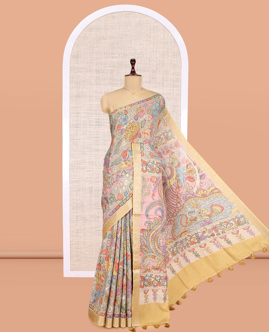 Grey Kalamkari Printed Fancy Tussar Saree