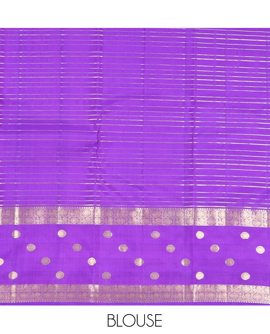 Violet Vasundhara Silk Saree, Embellished with Mayil-Chakram Buttas and Checks, Highlighted by a Zari Mayil-Chakram Border, Scallop Design Pallu, and a Matching Blouse