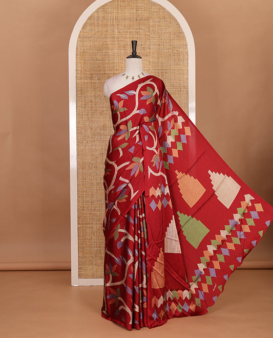 Borderless maroon jamdani weaving design gajji silk saree and  jamdani design self pallu along with printed blouse