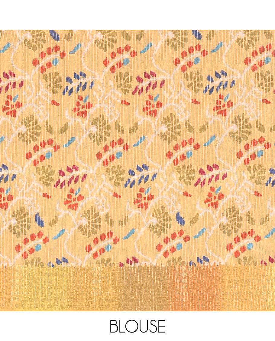 Mustard Plain Matka Silk Fancy Saree , Small Polka Dots Woven Temple contrast Border, Pallu Steeped with Polka Dots, and Paired with a Patola-Style Floral Printed Blouse