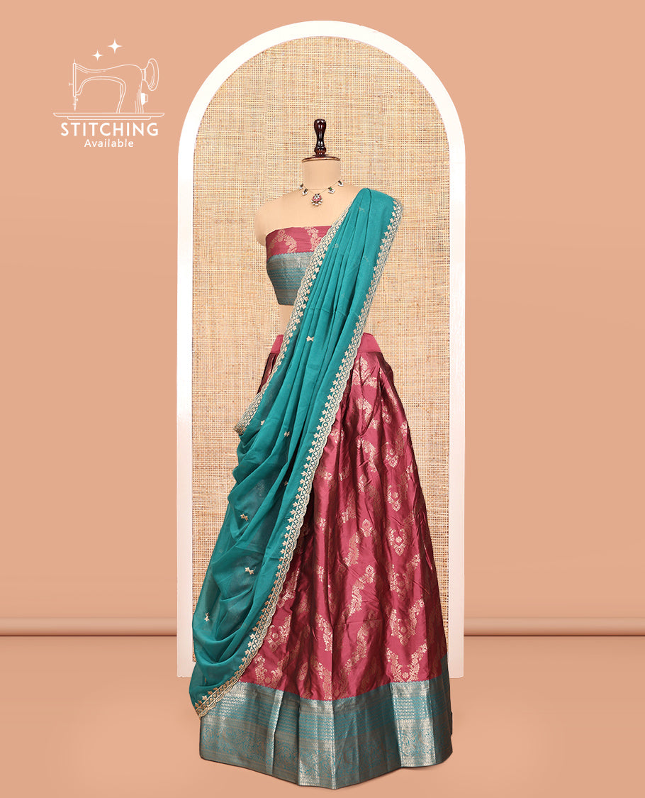 Red Banarasi Half-Saree, Decked Up with Jacquard Design, a Contrast Traditional Zari Border, a Matching Blouse, and a Contrast Embroidered Dhavani