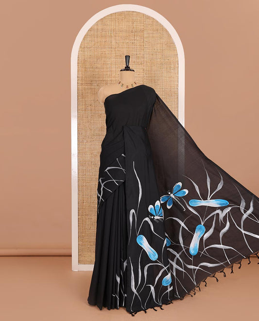 Borderless black floral and dragonfly motifs printed South cotton saree, printed pallu, and a matching floral printed blouse