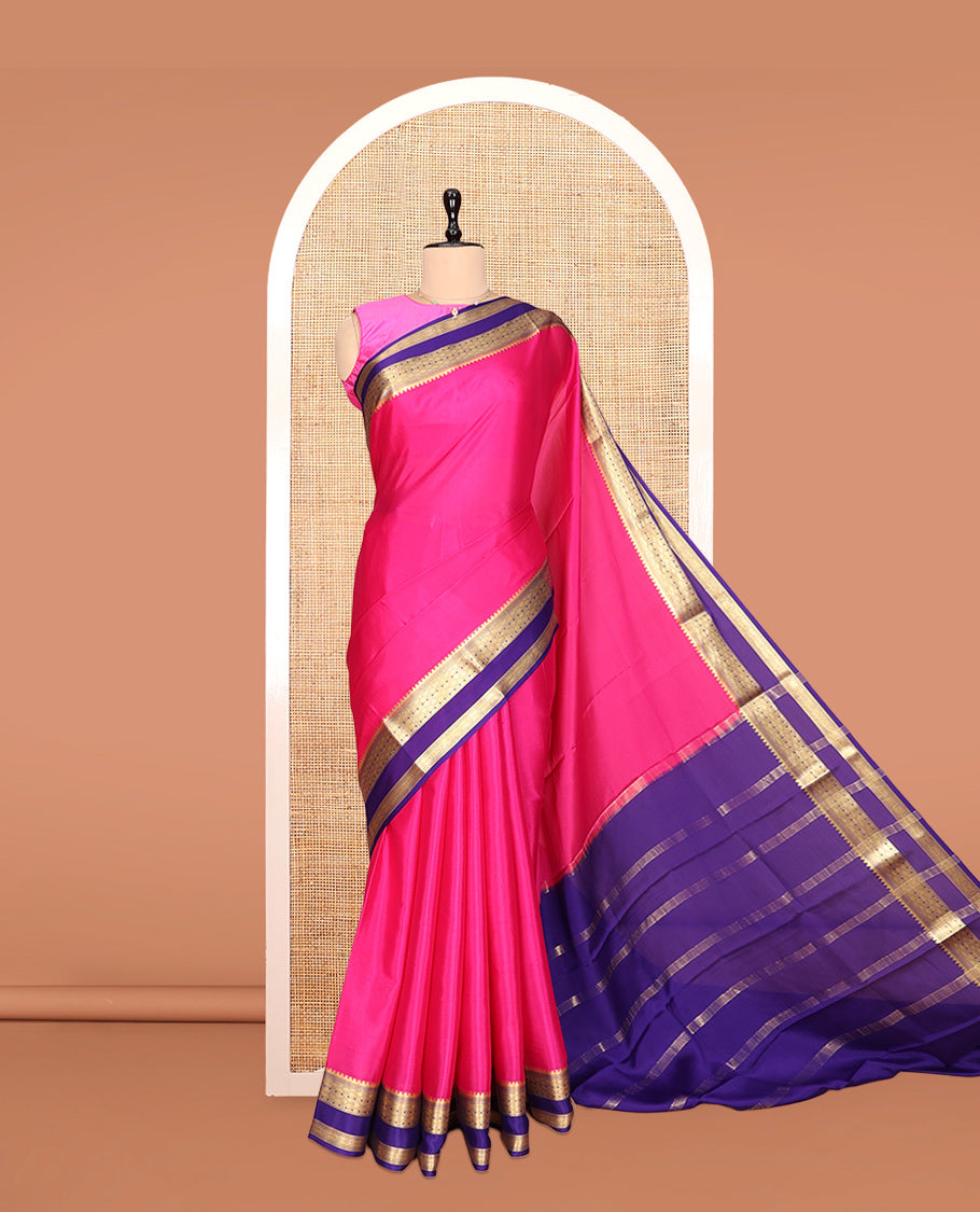 Pink Plain Mysore Silk Saree, Complemented by a Contrast Traditional Zari Double Pettu Border, Zari Design Pallu, and a Contrast Blouse