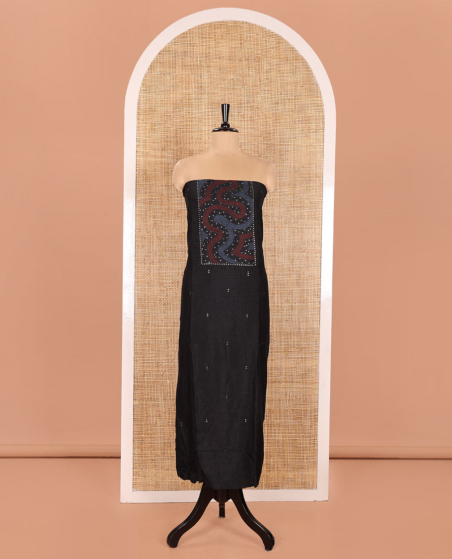 Black and Blue Material Chudidhar Set Adorned with Patch Neck and Sequins Embroidered Vichitra Silk Top, Plain Santoon Bottom, and Vichitra Silk Abstract Printed Dupatta